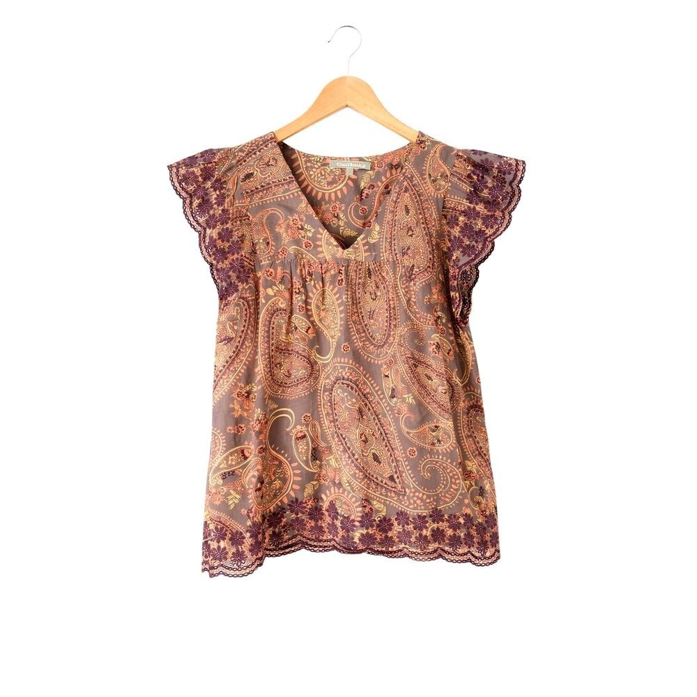 Daniel Rainn Boho Linen Blend Paisley Blouse Top Women S Pink Embroidered Trim - Picture 2 of 8